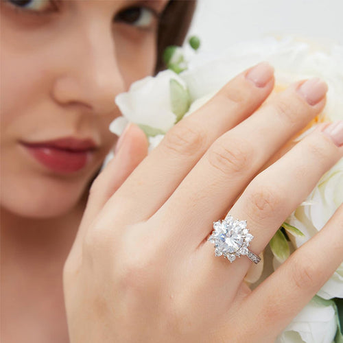 Large Ice Flower Gold Halo Lab Grown Diamond Engagement Ring