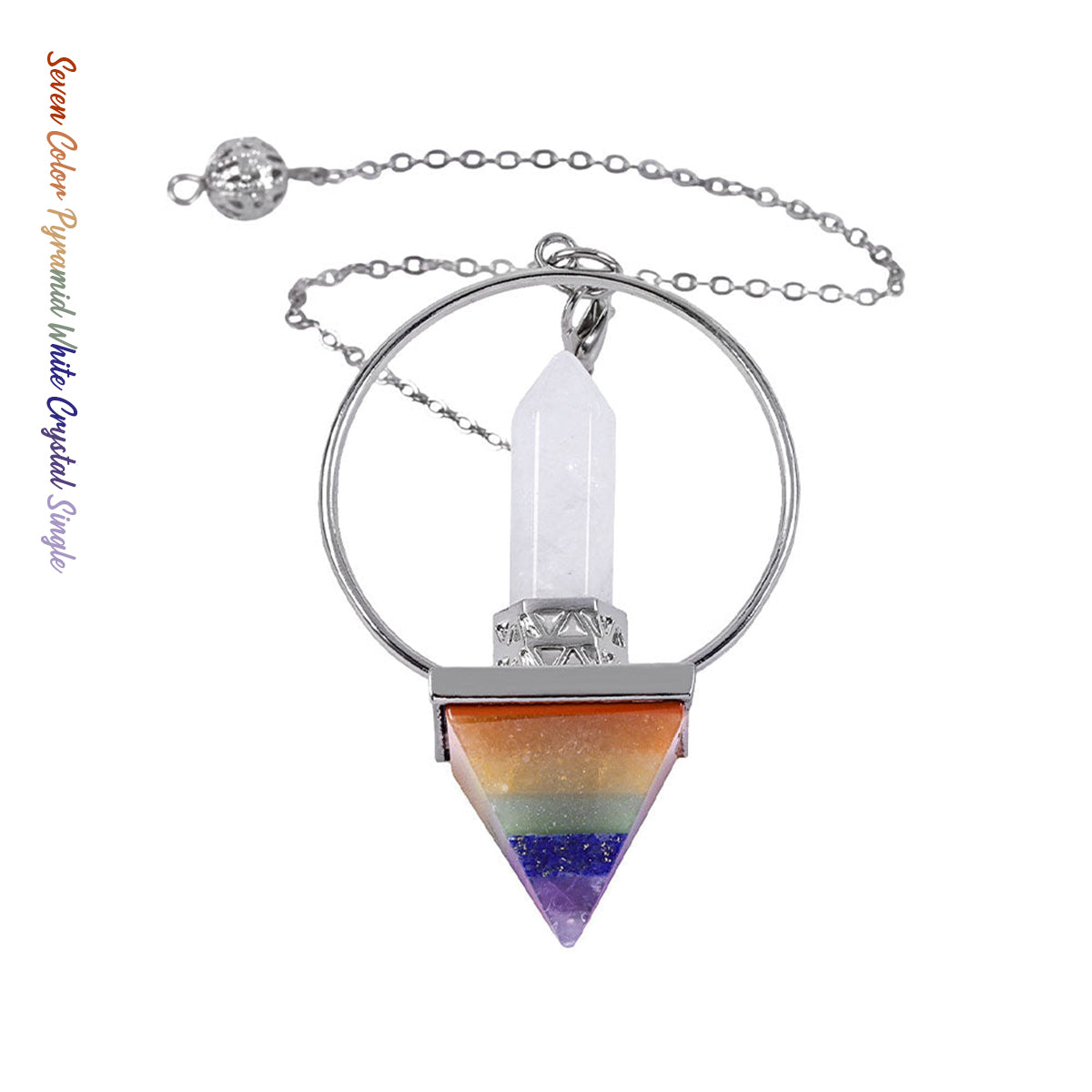 Chakra｜Seven Color Pyramid White Crystal Single Tip Pendulum