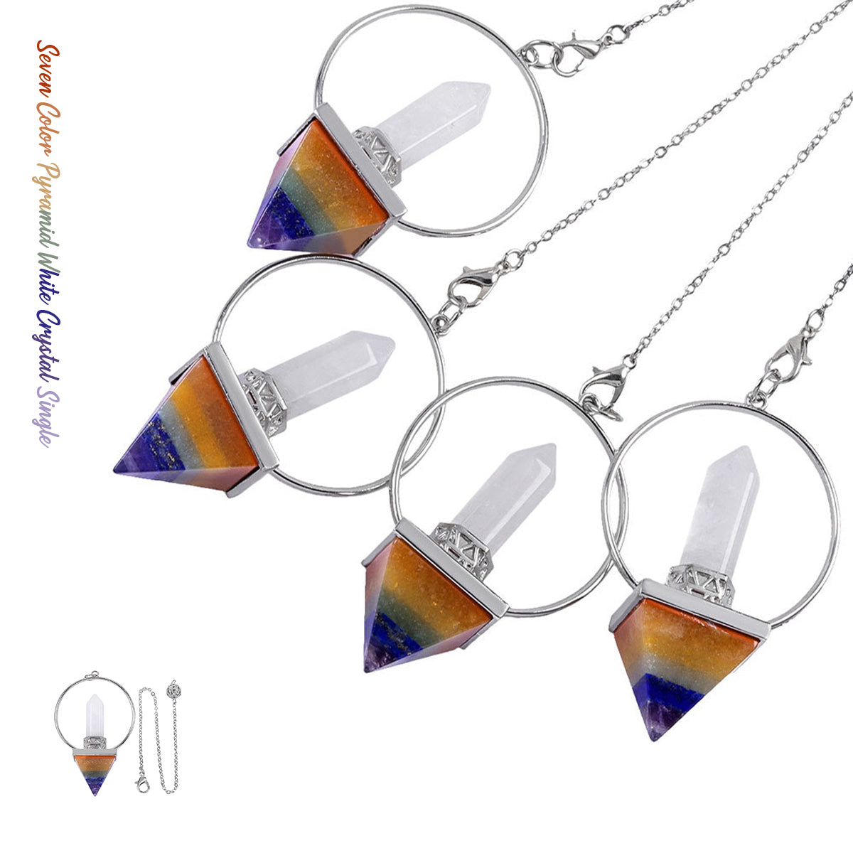 Chakra｜Seven Color Pyramid White Crystal Single Tip Pendulum