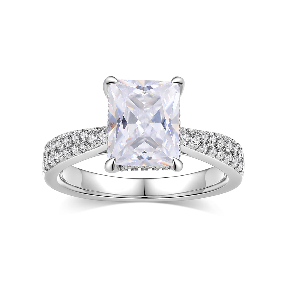 Double Row Drill Surrounding Radiant Cut Lab Grown Diamond Engagement Ring