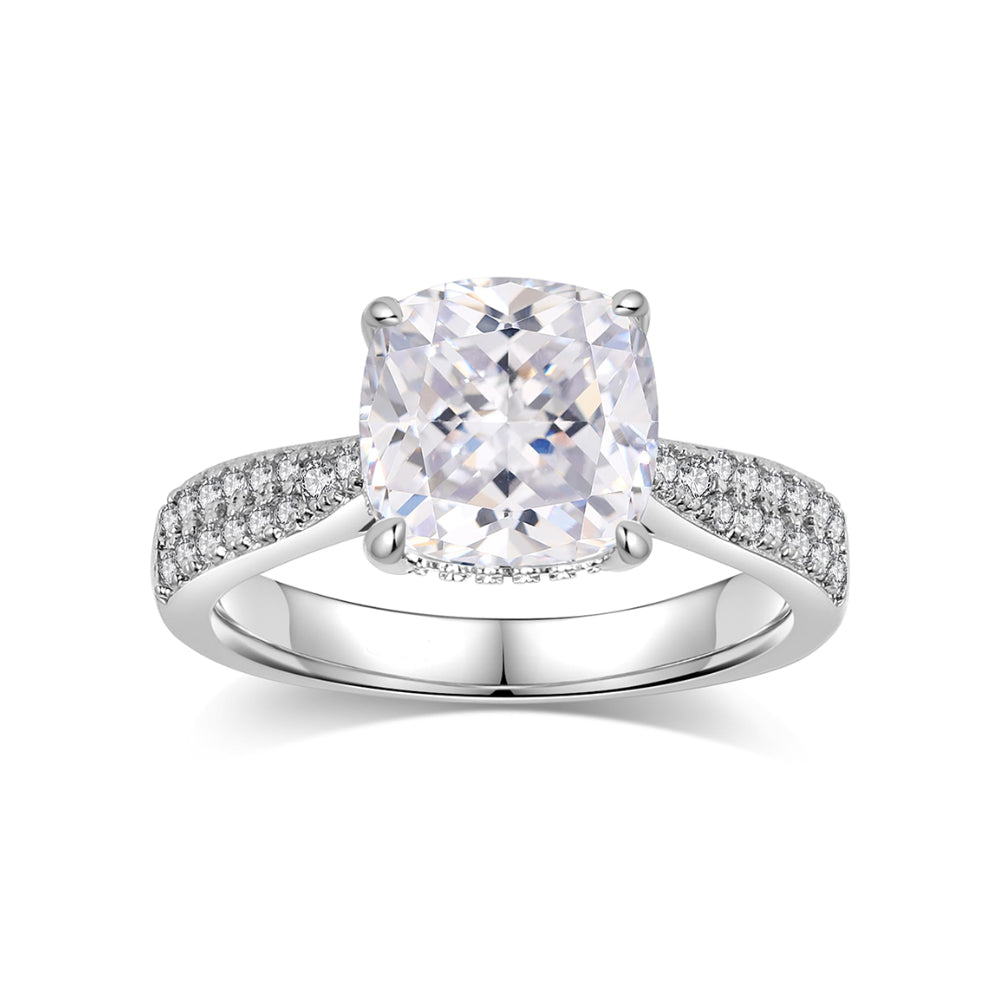 Double Row Drill Surrounding Cushion Cut Lab Grown Diamond Engagement Ring