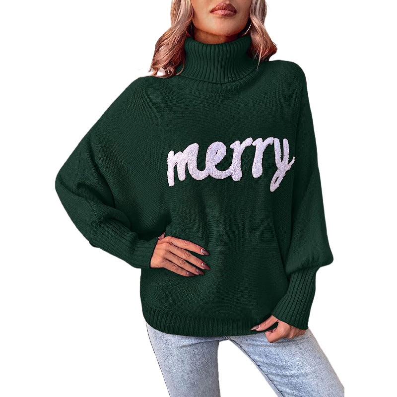 Christmas Turtleneck Bat Sleeve Knit Sweater