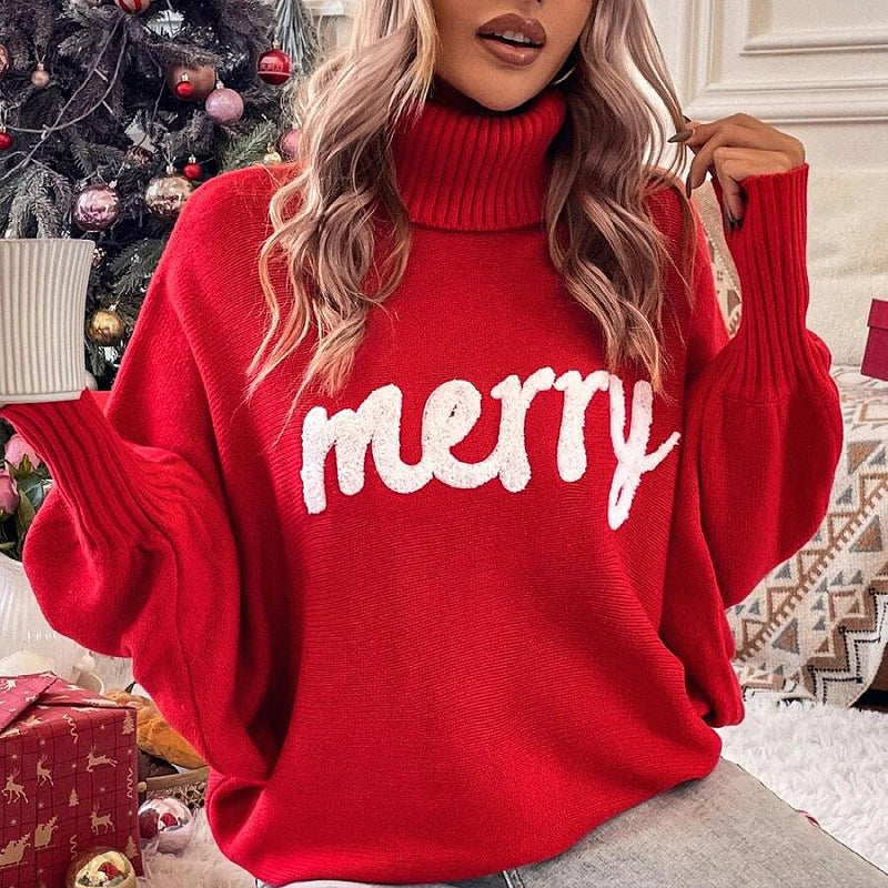 Christmas Turtleneck Bat Sleeve Knit Sweater