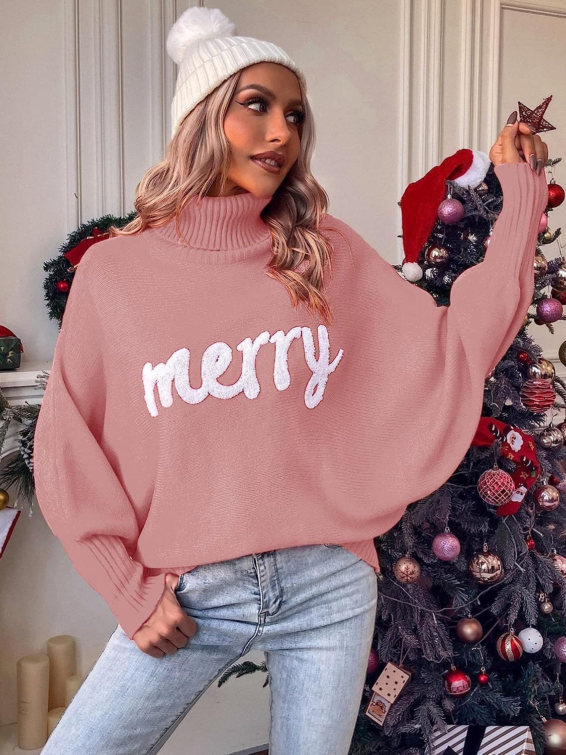 Christmas Turtleneck Bat Sleeve Knit Sweater